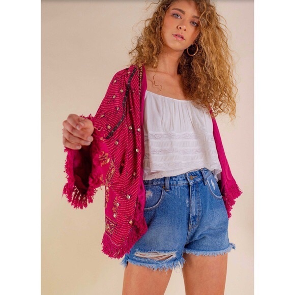 Free People Jackets & Blazers - NWT Free People Rays of Light Beaded Embellished Fringe Kimono Jacket